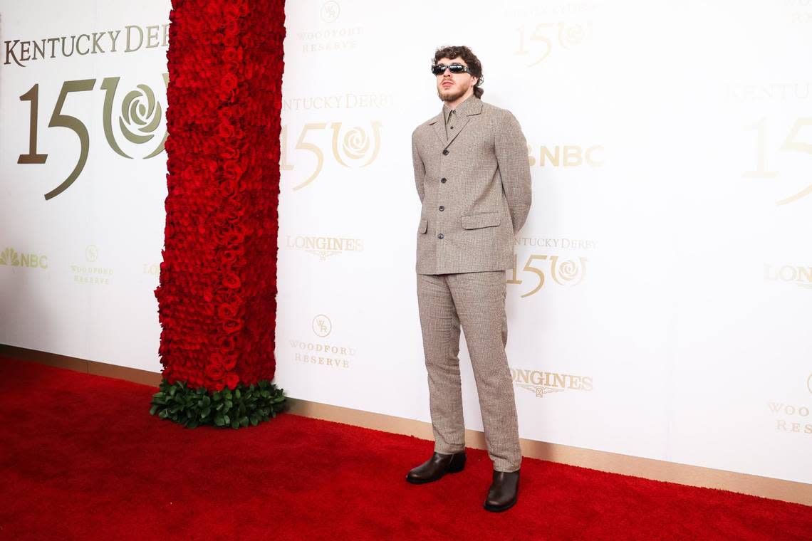 Rapper Jack Harlow poses on the red carpet at the Kentucky Derby on Saturday, May 4, 2024, at Churchill Downs in Louisville, Kentucky.