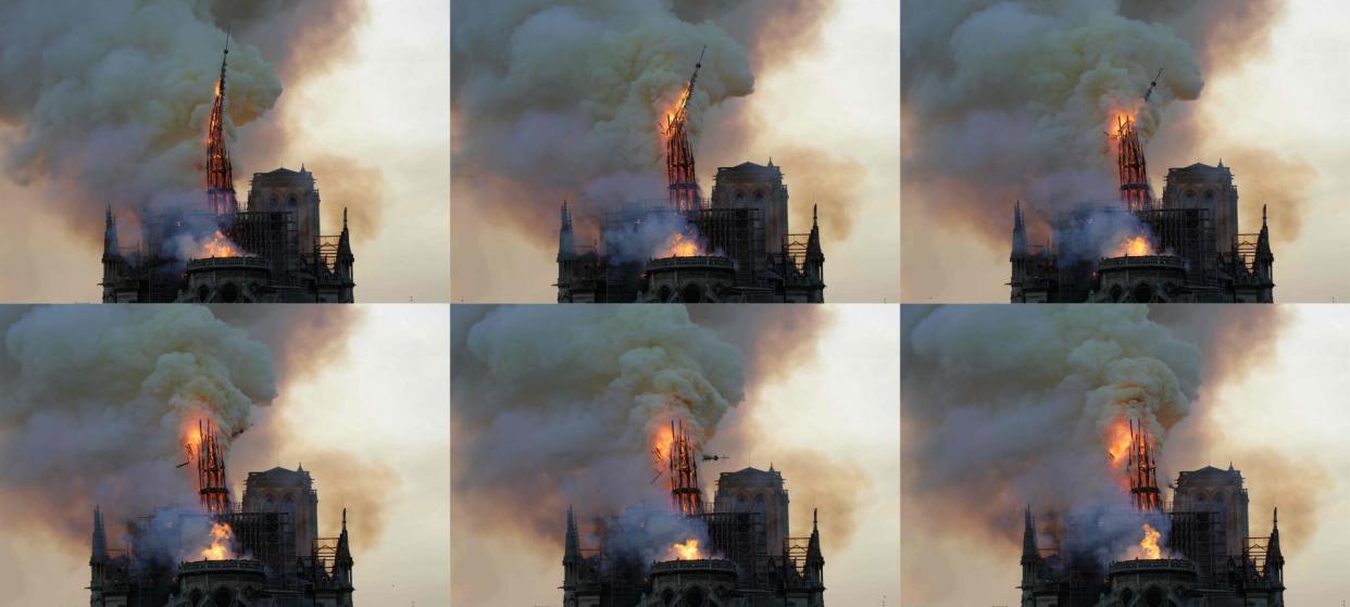 <span>The spire of Notre Dame collapsing as the fire engulfed it on 15 April 2019.</span><span>Photograph: Geoffroy van der Hasselt/AFP/Getty Images</span>