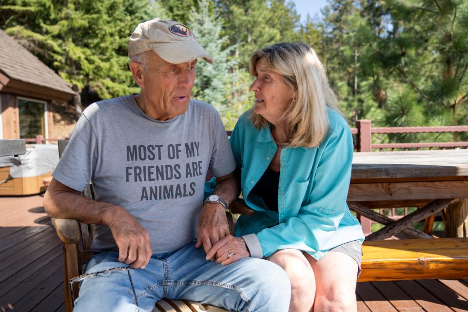 Suzi Hanna tries to rehearse with her husband, Jack, for a video recording of a happy birthday message to their granddaughter on May 2. Jack was diagnosed with Alzheimer’s in October 2019 and the family moved to their home in Bigfork, Mont. permanently a few years later, after his retirement from the Columbus Zoo.