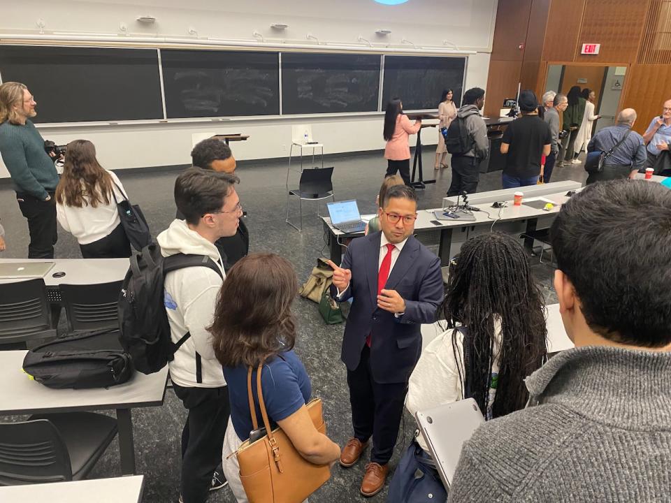 A spokesperson for the Alvin Tedjo campaign says the campaign has seen one of the most significant spike in donations it has seen all race since fellow candidate Carolyn Parrish announced she was no longer attending debates. Tedjo is seen here talking to young Mississaugans following the More Homes Mississauga debate. 