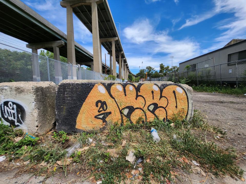 <p>A picture taken with the Galaxy Z Flip 4 showing a wider angle view of a wall with orange graffiti spray painted on it, with a highway and some trees in the background.</p>
