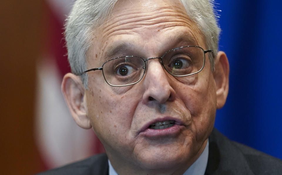 Attorney General Merrick Garland speaks during a meeting of the COVID-19 Fraud Enforcement Task Force at the Justice Department, Thursday, March 10, 2022 in Washington. (Kevin Lamarque, Pool via AP)