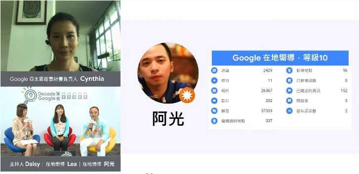 兩位台灣的「Google在地嚮導」Lea（左下圖中）和阿光（左下圖右）分享自己使用地圖和街景服務的經驗。（圖／Google提供）