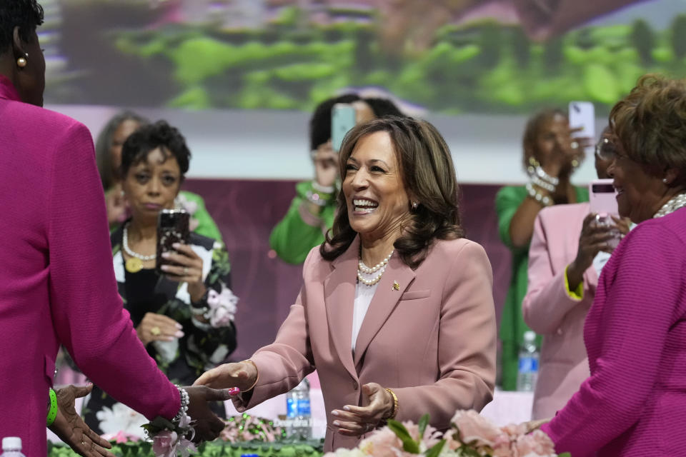 Vice President Kamala Harris speaks at the Alpha Kappa Alpha Sorority Inc. annual convention during the 71st biennial Boule at the Kay Bailey Hutchison Convention Center in Dallas, Wednesday, July 10, 2024. Vice President Harris has been a member of the sorority since she joined while a student at Howard University. (AP Photo/LM Otero)