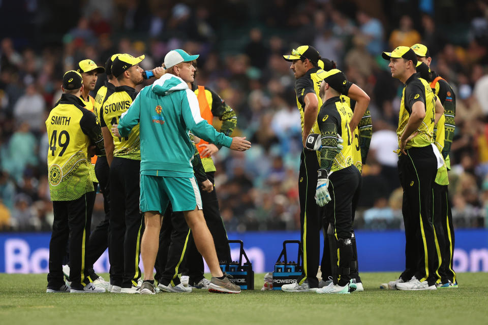 Andrew McDonald, pictured here speaking to players during Australia's clash with New Zealand at the T20 World Cup.