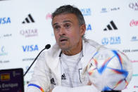 Spain's head coach Luis Enrique speaks to reporters during a news conference, in Doha, Qatar, Saturday, Nov. 26, 2022. Spain will play its second match in Group E in the World Cup soccer tournament against Germany on Nov. 27. (AP Photo/Julio Cortez)