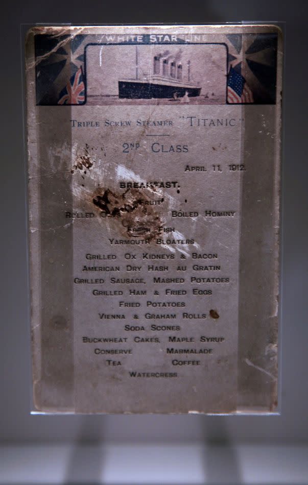 A Titanic 2nd class menu is exhibited at the SeaCity Museum's Titanic exhibition on April 3, 2012 in Southampton, England.