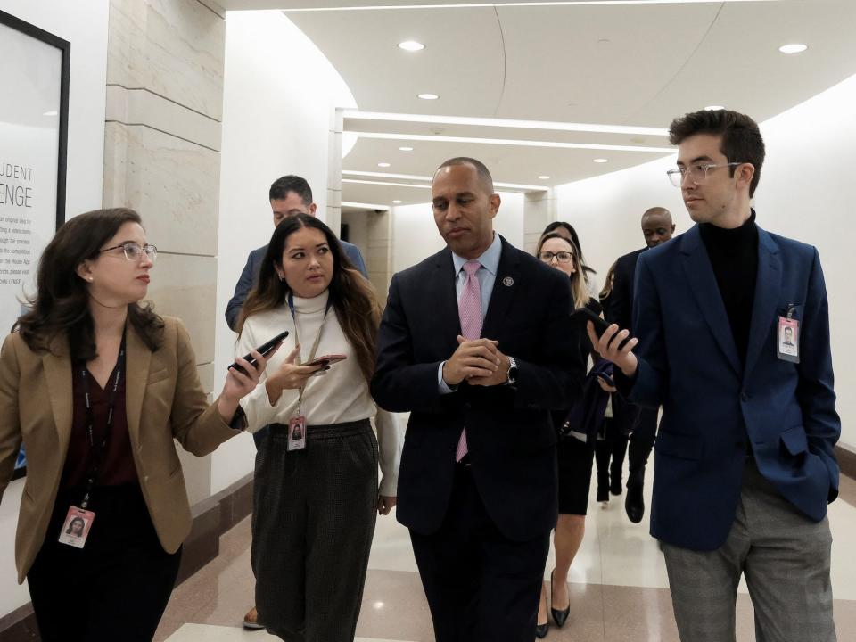 Rep. Hakeem Jeffries of New York speaking with reporters in the Cannon Tunnel.