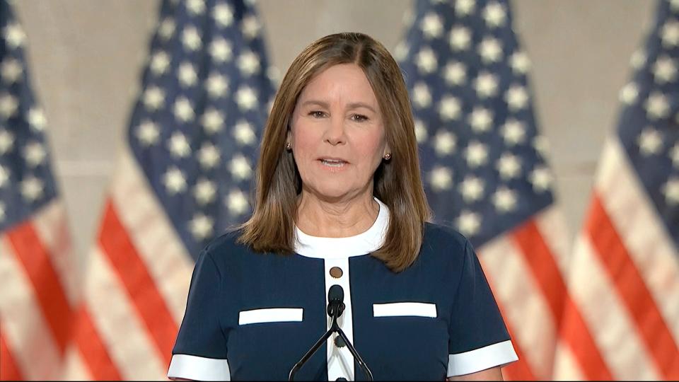 In this image from video, Karen Pence, wife of Vice President Mike Pence, speaks from Washington, during the third night of the Republican National Convention on Wednesday, Aug. 26, 2020.