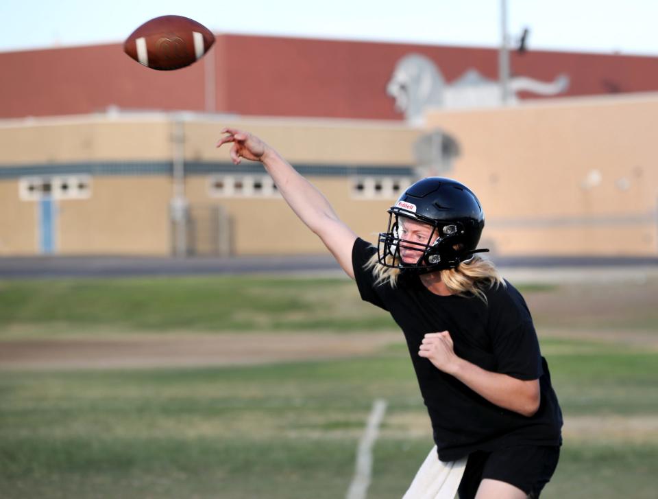 Cathedral City High School varsity football quarterback Christian Crittenden practices at the school in Cathedral City, Calif., on July 27, 2023. (Syndication: The Post-Crescent)