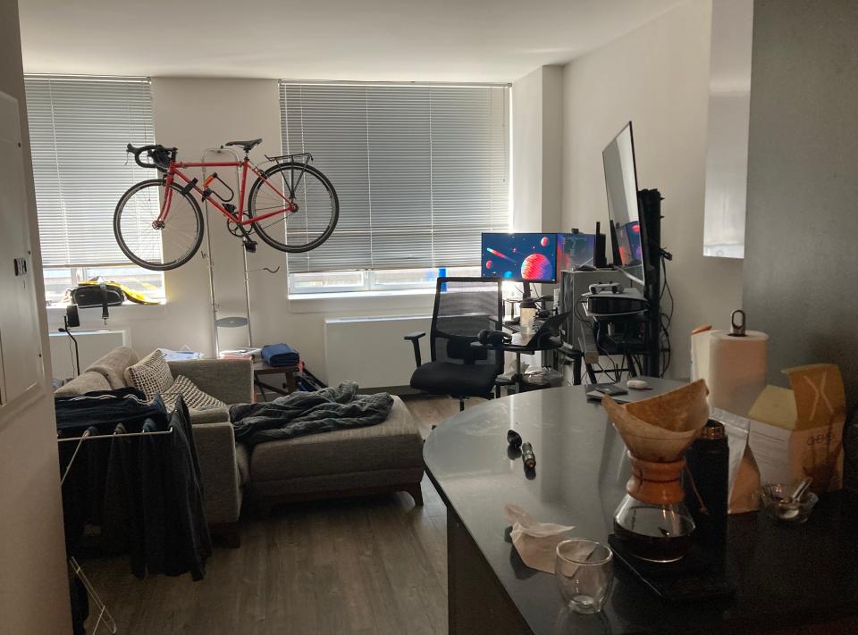 A shot of the studio apartment before it was redesigned on a $2,000 budget by Clare Sullivan.