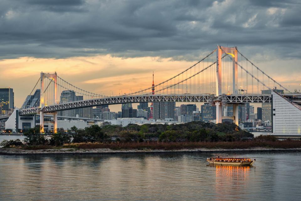 Japan Tokyo Rainbow Bridge Panorama at Twilight