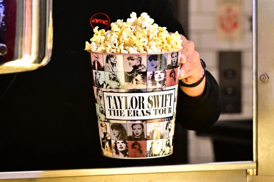 A tub of popcorn in US singer Taylor Swift's merchandise is pictured during the "Taylor Swift: The Eras Tour" concert movie world premiere at AMC Century City theatre in Century City, California on October 12, 2023.