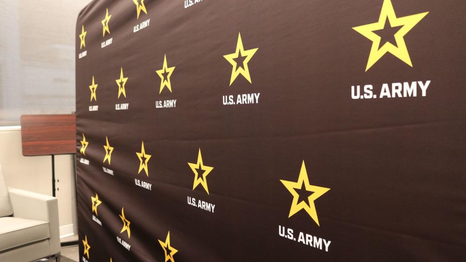 The Army also redesigned its logo as part of the “Be all you can be” brand refresh. It features on a photo background seen at the Army Enterprise Marketing Office on Feb. 16, 2023 in Chicago, Illinois. (Davis Winkie/Staff)