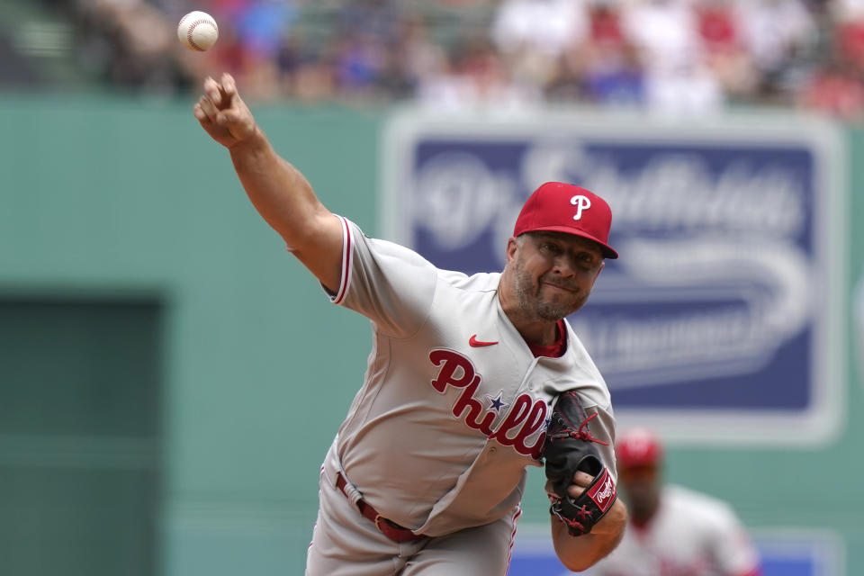 Philadelphia Phillies' Brandon Kintzler delivers a pitch against the Boston Red Sox in the first inning of a baseball game, Sunday, July 11, 2021, in Boston. (AP Photo/Steven Senne)