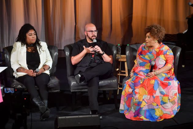 From left, Black Opry founder Holly G, co-director Tanner Davenport and country music icon Frankie Staton are seen on stage at the Country Music Hall of Fame and Museum in Nashville, Tennessee.