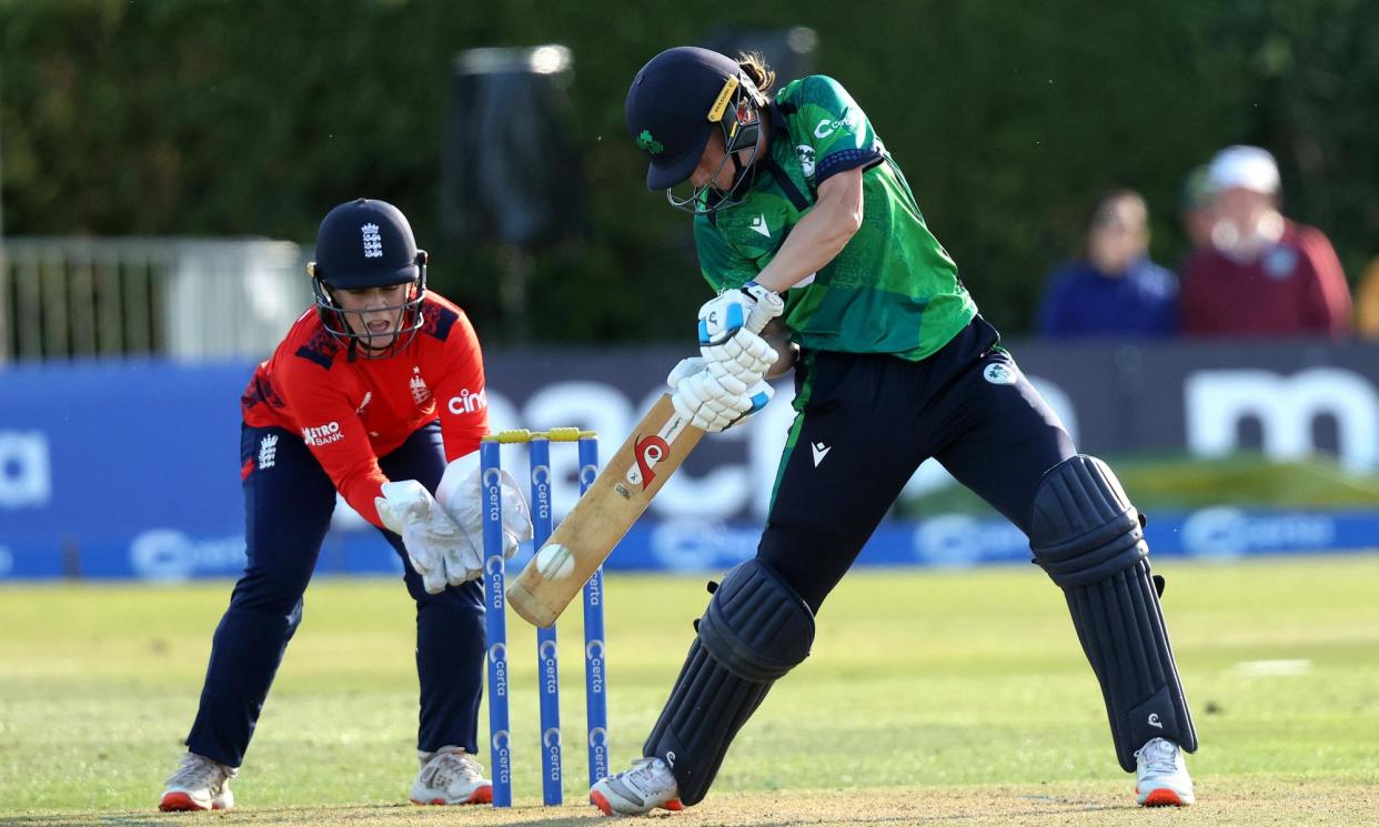 <span>Ireland’s Orla Prendergast in action at the women’s T20 one-day international at Clontarf cricket club in Dublin.</span><span>Photograph: Bryan Keane/Inpho/Rex/Shutterstock</span>