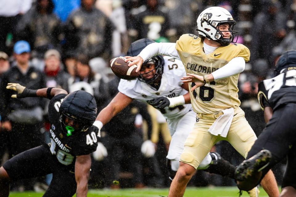 Colorado's Ryan Staub looks to pass the ball during a Colorado football spring game at Folsom Field in Boulder, Colo., on Saturday, April 27, 2024.