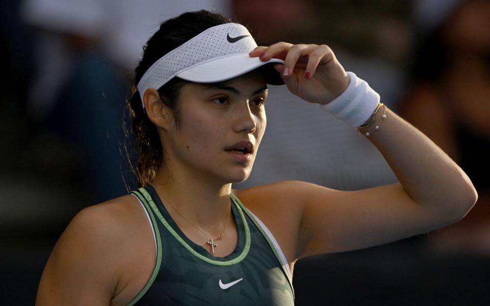 Emma Raducanu of Great Britain looks on in her match against Elina Svitolina of Ukraine during the 2024 Women's ASB Classic - Emma Raducanu shows glimpses of her best but fresh injury worries arise in Elina Svitolina defeat