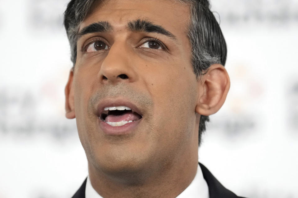 British Prime Minister Rishi Sunak delivers a speech on national security at the Policy Exchange, in London, Monday May 13, 2024. (Carl Court/Pool via AP)