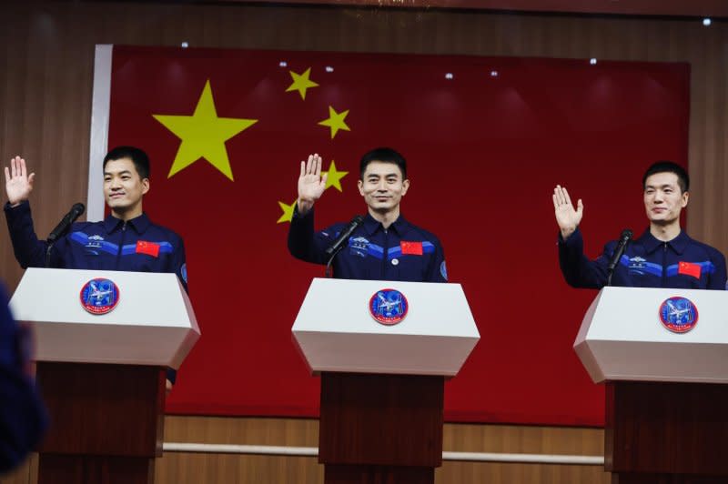 Astronauts of Shenzhou 18 spaceflight mission Ye Guangfu (C), Li Cong (R), and Li Guangsu attend a press conference Wednesday in Jiuquan, Gansu province, China. The manned spaceflight mission, scheduled for Thursday, is the third of China Space Station's development phase as the country targets a manned lunar landing by the end of the decade. Photo by Wu Hao/EPA-EFE