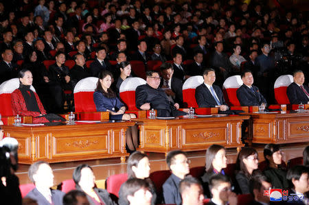 North Korean leader Kim Jong Un, his wife Ri Sol Ju and Song Tao, head of the International Department of Communist Party of China (CPC) Central Committee, watch a ballet performance in this undated photo released by North Korea's Korean Central News Agency (KCNA) in Pyongyang April 17, 2018. KCNA/via Reuters