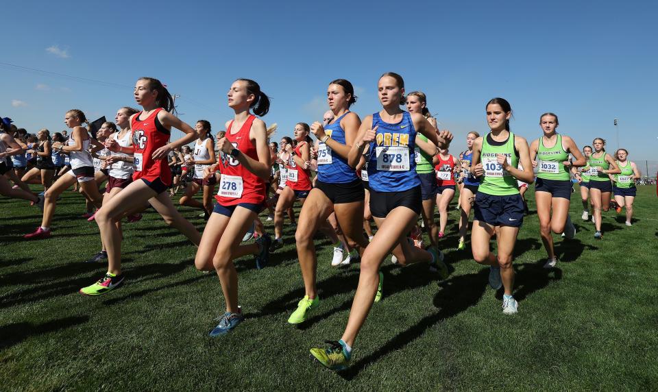 Action from the 4A girls cross-country state championship race at the Regional Athletic Complex in Rose Park on Tuesday, Oct. 24, 2023. | Jeffrey D. Allred, Deseret News