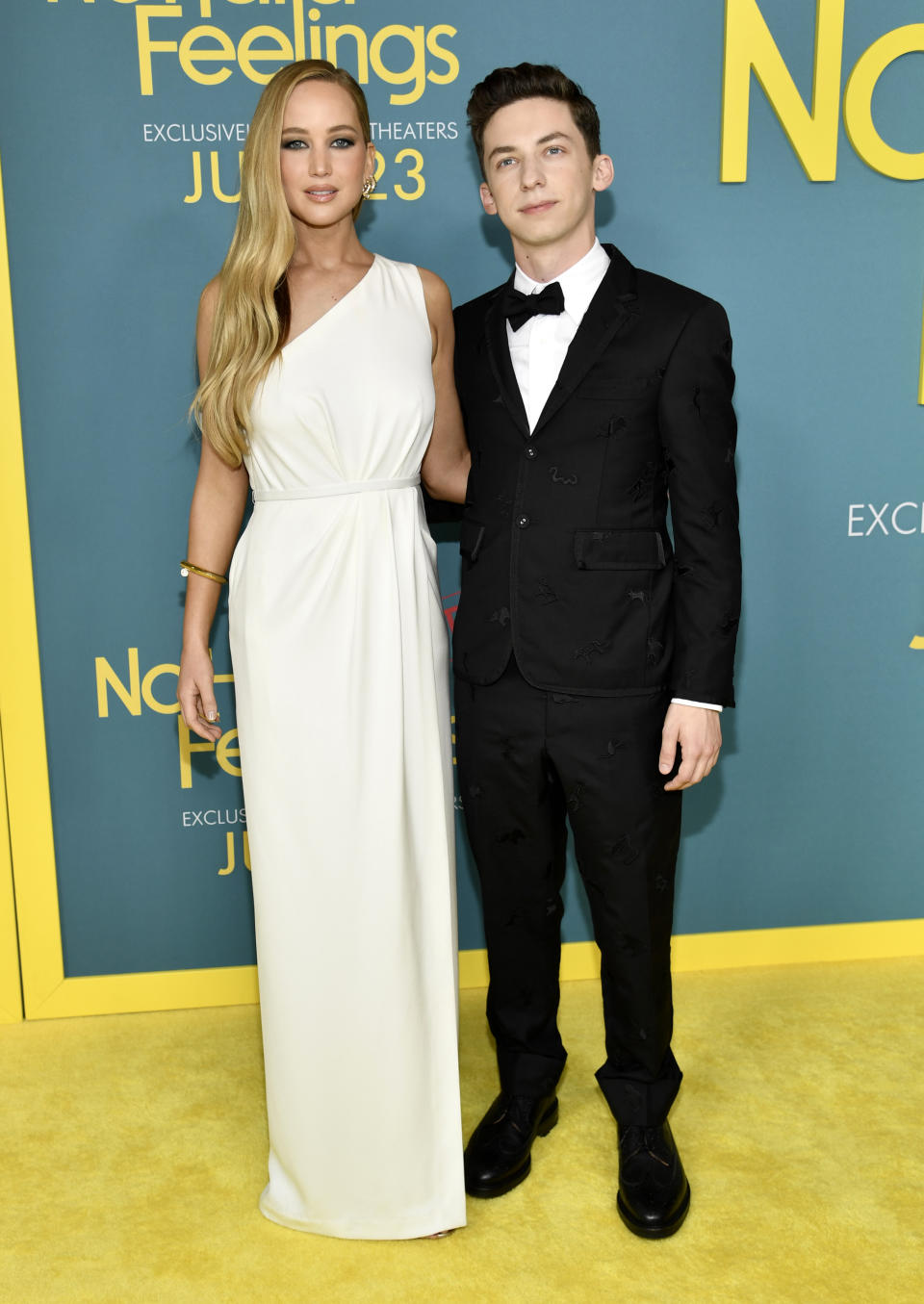 Jennifer Lawrence, left, and Andrew Barth Feldman attend the premiere for "No Hard Feelings" at AMC Lincoln Square on Tuesday, June 20, 2023, in New York. (Photo by Evan Agostini/Invision/AP)