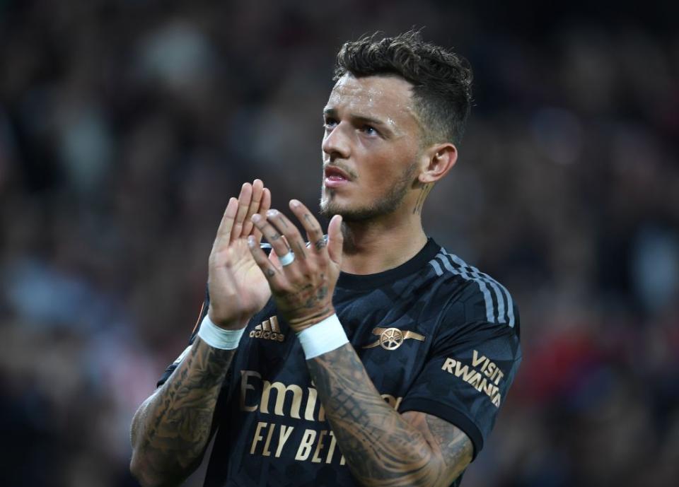 Ben White applauds the Arsenal fans after the UEFA Europa League group A match between PSV Eindhoven and Arsenal FC at Phillips Stadium on October 27, 2022 in Eindhoven, Netherlands.