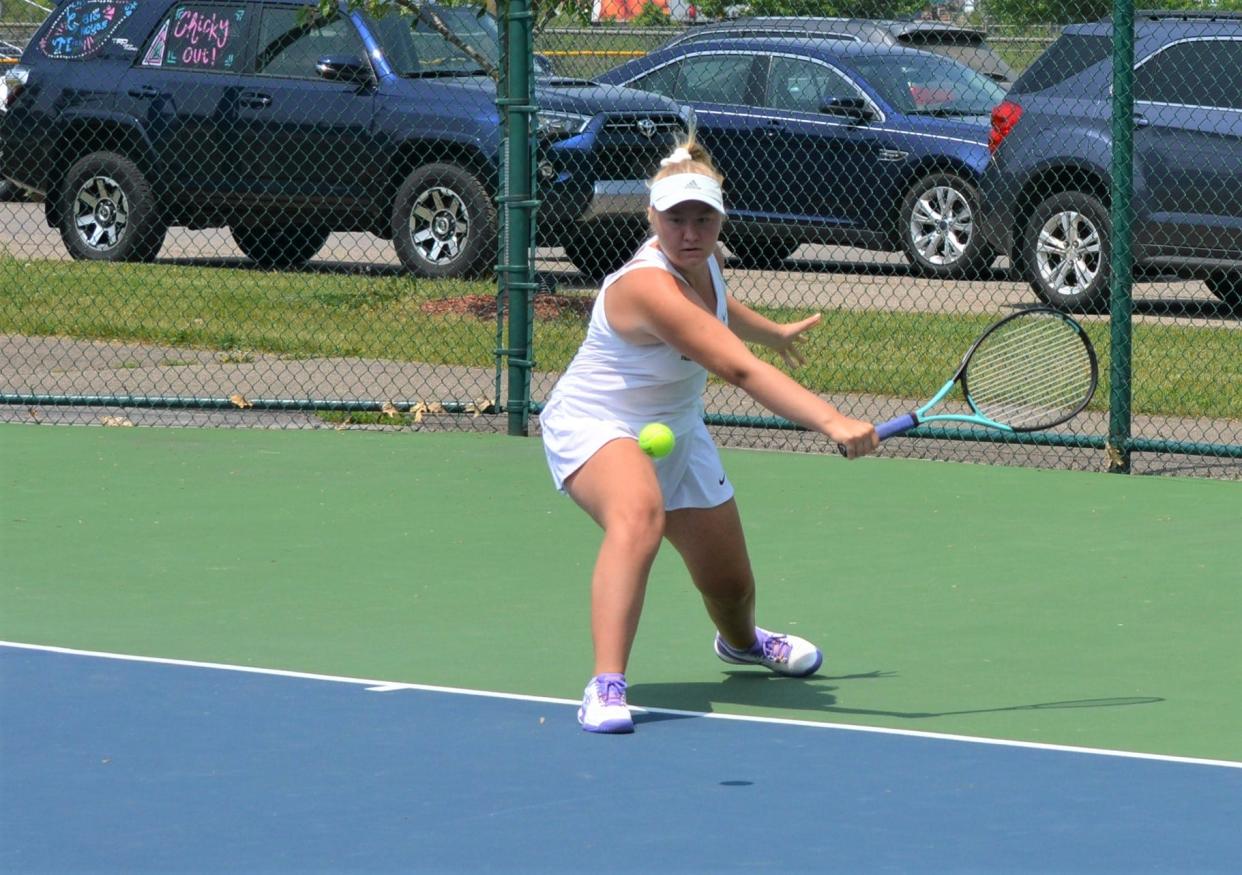 Pennfield's No. 1 singles player Vivian Burns returns a shot during the 2023 All-City Girls Tennis Tournament at Lakeview High School on Wednesday.