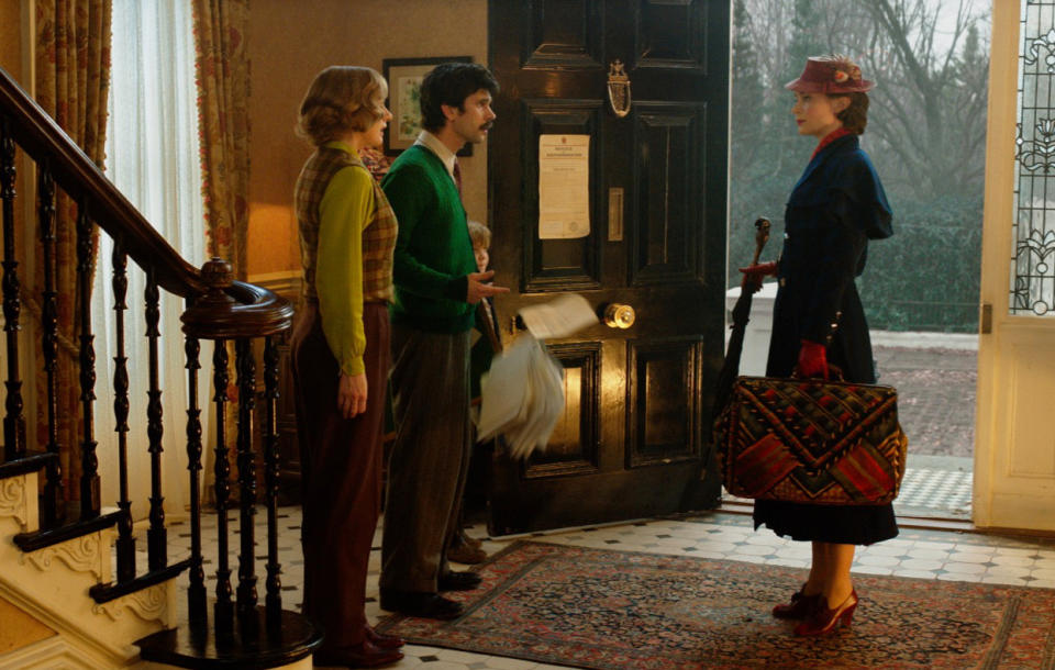 Emily Blunt is Mary Poppins, Emily Mortimer is Jane Banks, Ben Whishaw is Michael Banks, and Joel Dawson is Georgie Banks in <em>Mary Poppins Returns</em>. (Photo: Disney)