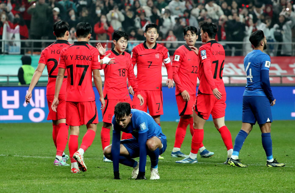 South Korea players celebrate their fifth goal against Singapore in their 2026 World Cup qualifier in Seoul. 