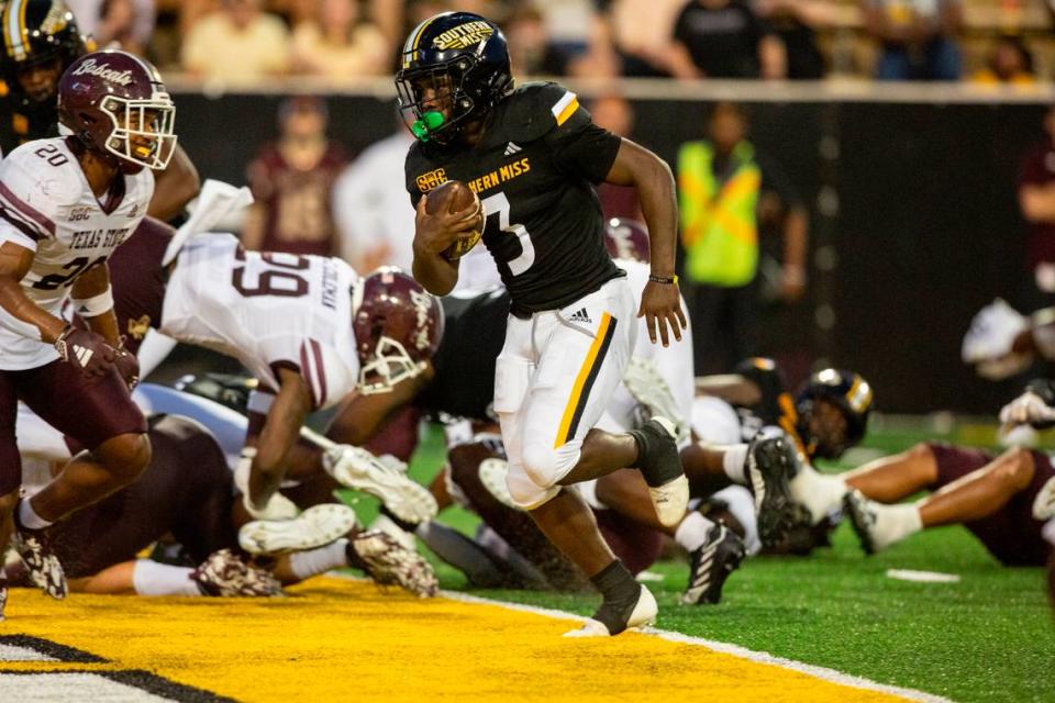 Southern Miss Golden Eagles running back Frank Gore Jr. (3) scores a touchdown during a game against Texas State at M.M. Roberts Stadium in Hattiesburg on Saturday, Sept. 30, 2023. Hannah Ruhoff/Sun Herald