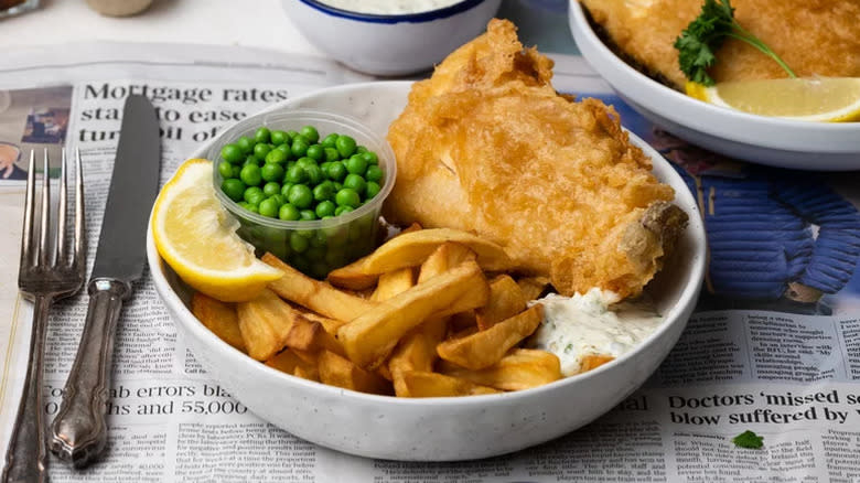 Fish and chips with peas