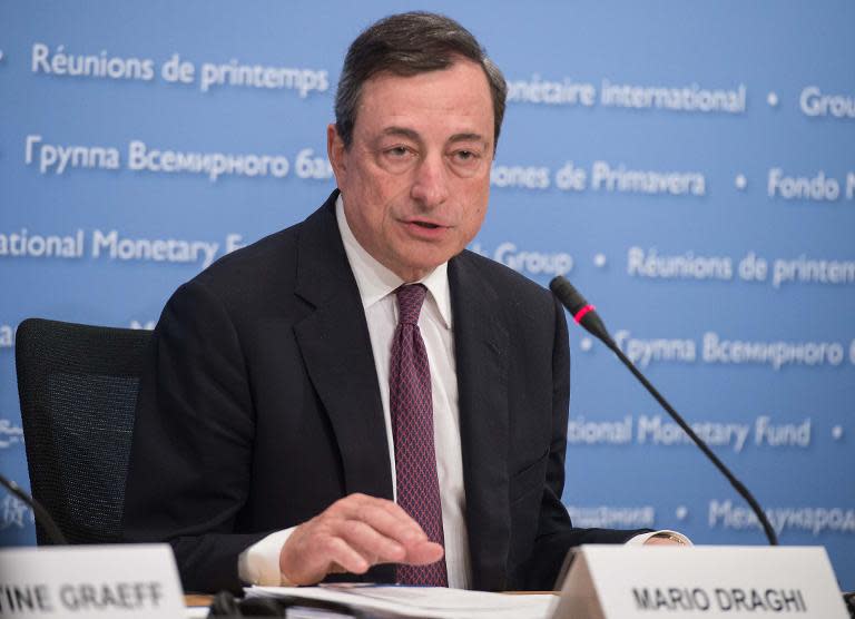 European Central Bank (ECB) President Mario Draghi holds a press conference during the IMF/WB Spring Meetings, in Washington, DC, on April 18, 2015