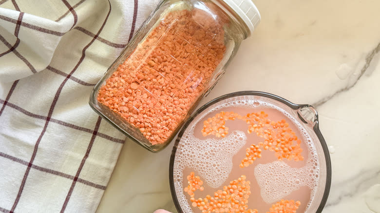 bowl of soaking lentils