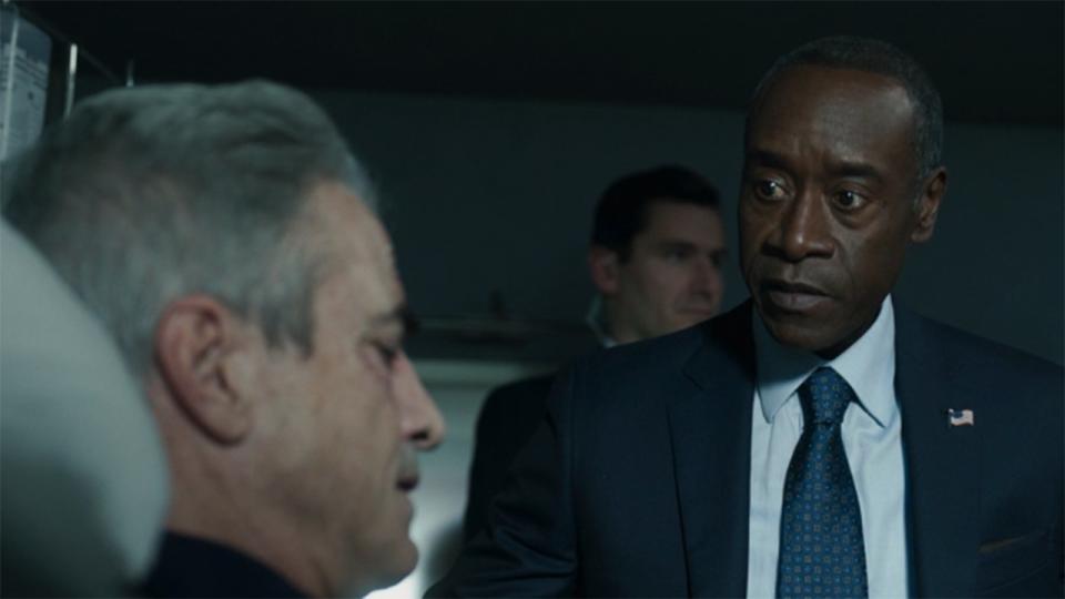 Scene from the Marvel TV show Secret Invasion. Here we see a still from Secret Invasion season 1 episode 6 -  -Fake Rhodey talks to the POTUS.