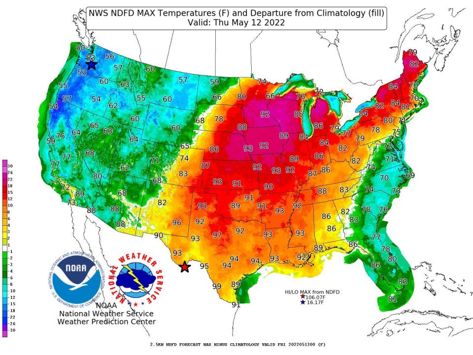 National Weather Service's Prediction Center reports "ridging over the central U.S. will pump warm air into the Midwest and Northeast, while a low in the western Atlantic will cool temperatures along the East Coast through Friday, May 13. This means Thursday high temperatures in parts of Maine could be higher than those in Florida!"