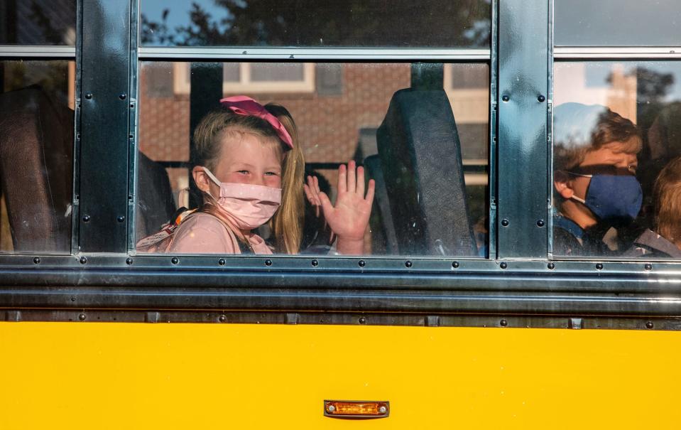 Harper Williams prepares for her first day of first grade at Sycamore Elementary School in Avon, Ind., on July 29.