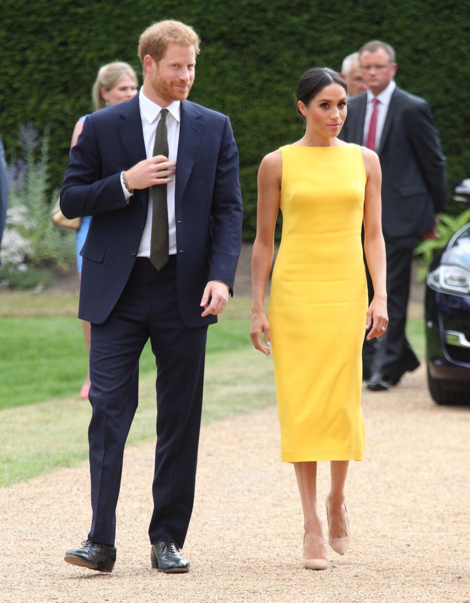 LONDON, ENGLAND - JULY 05: Prince Harry, Duke of Sussex and Meghan, Duchess of Sussex arrive to attend the Your Commonwealth Youth Challenge reception at Marlborough House on July 05, 2018 in London, England. (Photo by Yui Mok - WPA Pool/Getty Images)