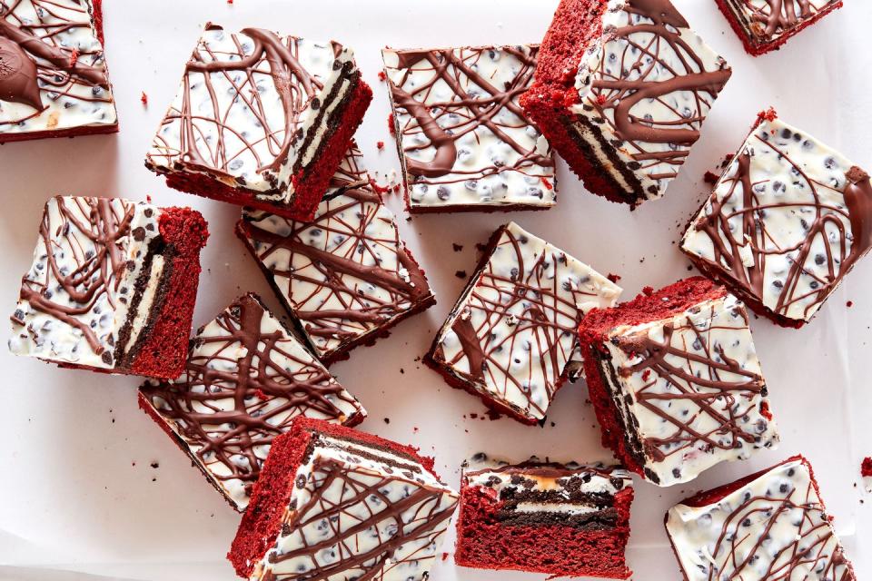 <p>If you love our <a href="https://www.delish.com/cooking/recipe-ideas/a54700/cookies-and-cream-brownies-recipe/" rel="nofollow noopener" target="_blank" data-ylk="slk:cookies & cream brownies;elm:context_link;itc:0;sec:content-canvas" class="link ">cookies & cream brownies</a> and <a href="https://www.delish.com/cooking/recipe-ideas/recipes/a58093/best-red-velvet-cake-recipe/" rel="nofollow noopener" target="_blank" data-ylk="slk:red velvet cake;elm:context_link;itc:0;sec:content-canvas" class="link ">red velvet cake</a>, these bars are for you. They'll make a festive, unique addition to any holiday dessert table.</p><p>Get the <strong><a href="https://www.delish.com/cooking/recipe-ideas/recipes/a58116/red-velvet-cookies-and-cream-bars-recipe/" rel="nofollow noopener" target="_blank" data-ylk="slk:Red Velvet Cookies & Cream Bars recipe;elm:context_link;itc:0;sec:content-canvas" class="link ">Red Velvet Cookies & Cream Bars recipe</a></strong>.</p>