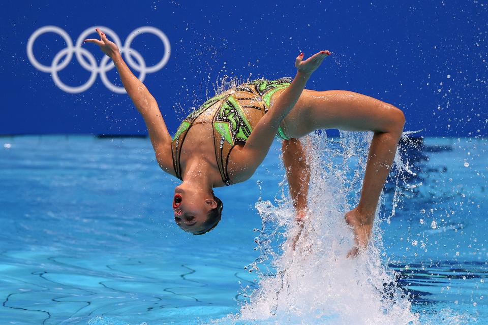 Team France competes in the artistic swimming duet free routine final at the Tokyo Olympics.