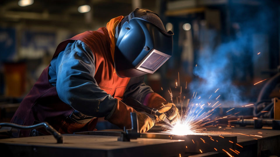 A worker in a protective mask welding a tow bar on a transport trailer in a factory.