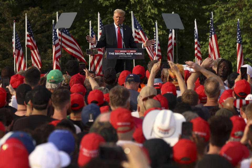 Former President Donald Trump speaks at a rally, Thursday, May 23, 2024, in the Bronx borough of New York. (AP Photo/Yuki Iwamura)