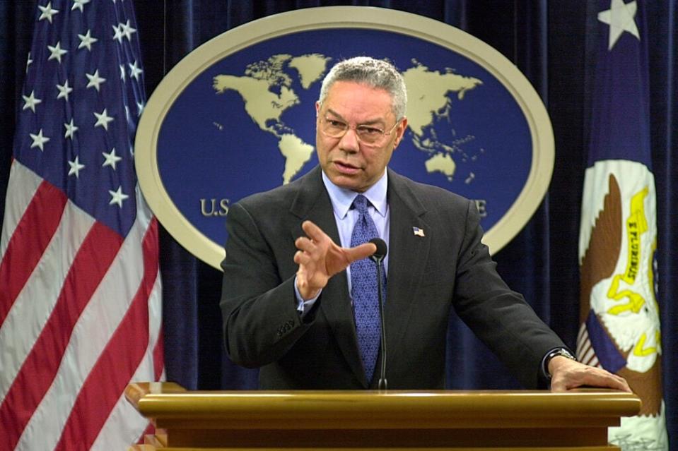 Secretary of State <span class="caas-xray-inline-tooltip"><span class="caas-xray-inline caas-xray-entity caas-xray-pill rapid-nonanchor-lt" data-entity-id="Colin_Powell" data-ylk="cid:Colin_Powell;pos:1;elmt:wiki;sec:pill-inline-entity;elm:pill-inline-text;itc:1;cat:OfficeHolder;" tabindex="0" aria-haspopup="dialog"><a href="https://search.yahoo.com/search?p=Colin%20Powell" data-i13n="cid:Colin_Powell;pos:1;elmt:wiki;sec:pill-inline-entity;elm:pill-inline-text;itc:1;cat:OfficeHolder;" tabindex="-1" data-ylk="slk:Colin Powell;cid:Colin_Powell;pos:1;elmt:wiki;sec:pill-inline-entity;elm:pill-inline-text;itc:1;cat:OfficeHolder;" class="link ">Colin Powell</a></span></span> briefs the press on the latest diplomatic developments the State Department March 17, 2003 In Washington, DC. (Photo by Mike Theiler/Getty Images)