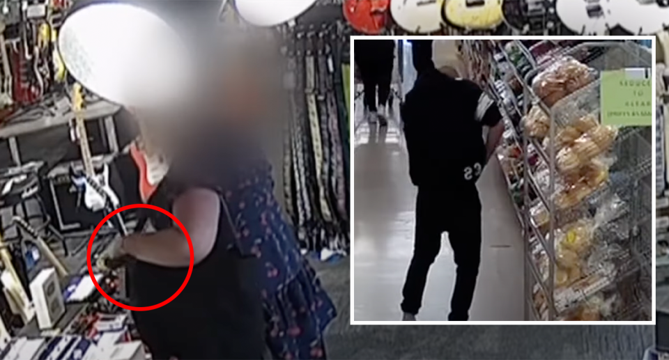 A woman is seen stealing from a music store while a man is seen stuffing food down his pants in a supermarket in SA, as rates of shoplifting soar. 