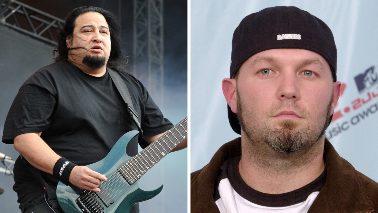  A photo of Dino Cazares performing and a close-up of Fred Durst 