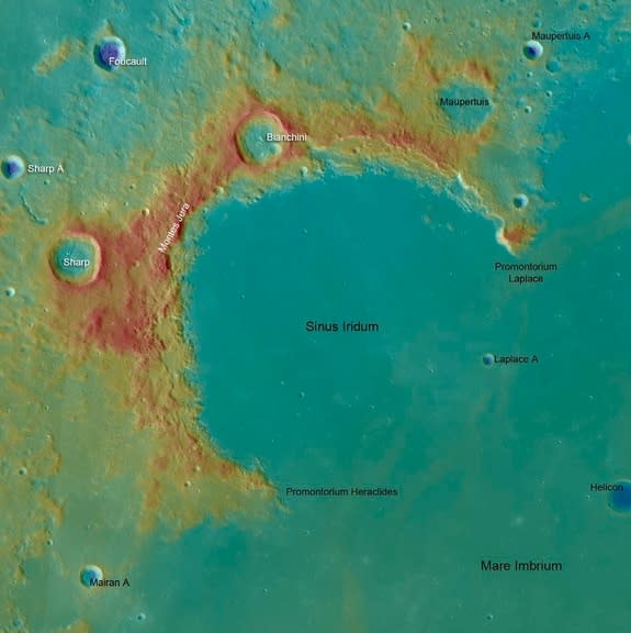 The reported landing zone for Chang'e 3 mission, the Bay of Rainbows. The lander will deploy a heavily instrumented rover to reconnoiter the area.