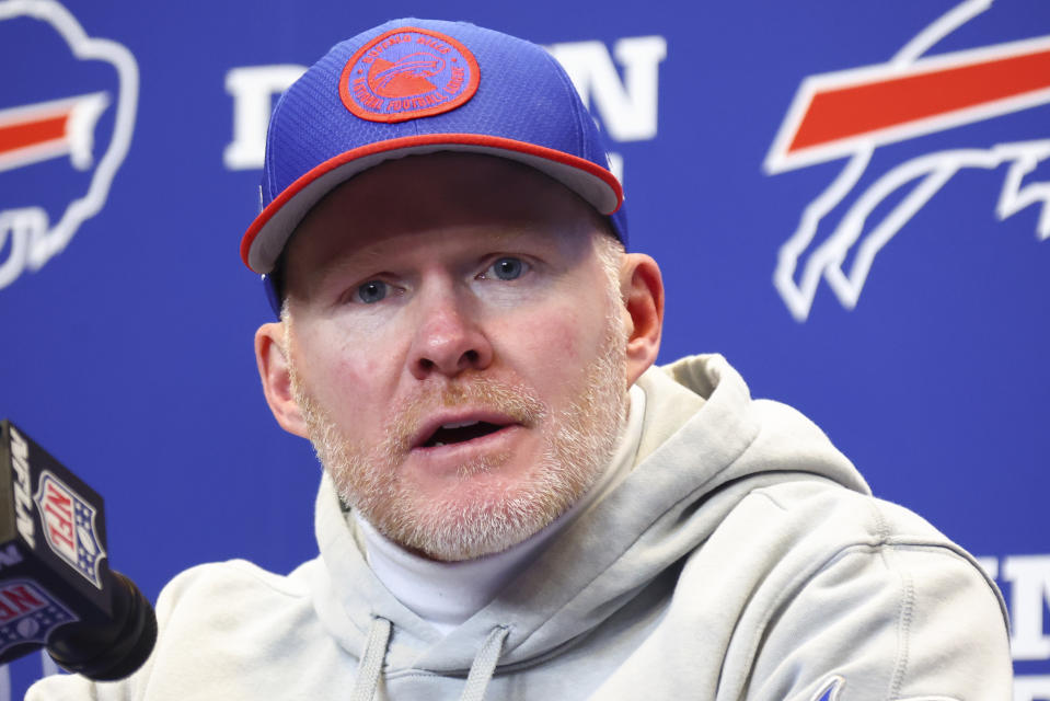 Buffalo Bills head coach Sean McDermott answers questions during a news conference after an NFL wild-card playoff football game against the Pittsburgh Steelers, Monday, Jan. 15, 2024, in Buffalo, N.Y. (AP Photo/Jeffrey T. Barnes)