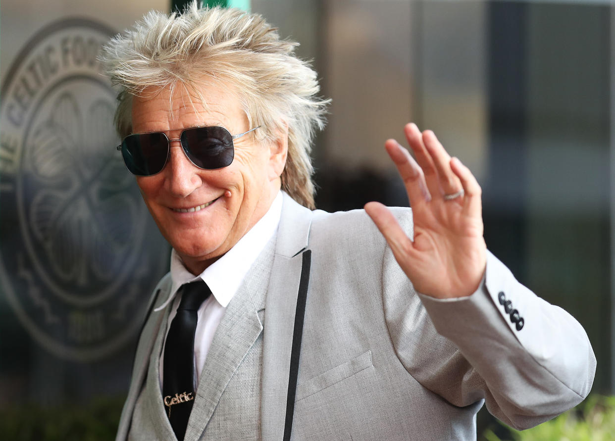 Rod Stewart arrives at Celtic Park for a UEFA Champions League qualifying round in Glasgow, Scotland. (Ian MacNicol/Getty Images)